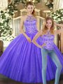 Popular Lavender Tulle Lace Up Halter Top Sleeveless Floor Length Quince Ball Gowns Beading
