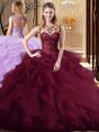 Noble Burgundy Sleeveless Tulle Brush Train Lace Up 15th Birthday Dress for Military Ball and Sweet 16 and Quinceanera