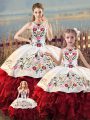 Great White And Red Lace Up Sweet 16 Dresses Embroidery and Ruffles Sleeveless Floor Length