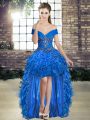 Ideal Royal Blue Lace Up Off The Shoulder Beading and Ruffles Prom Evening Gown Organza Sleeveless
