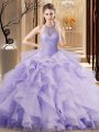 Discount Lavender Ball Gowns Halter Top Sleeveless Organza Sweep Train Lace Up Beading and Ruffles Vestidos de Quinceanera