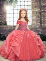 Coral Red Ball Gowns Beading and Ruffles Little Girl Pageant Gowns Lace Up Organza Sleeveless Floor Length