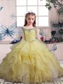 Yellow Organza Lace Up Little Girl Pageant Dress Sleeveless Floor Length Beading and Ruffles