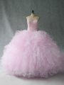 Pink Sleeveless Floor Length Beading and Ruffles Lace Up Vestidos de Quinceanera