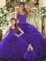 Suitable Purple 15th Birthday Dress Military Ball and Sweet 16 and Quinceanera with Ruffles Halter Top Sleeveless Lace Up