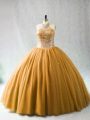 Cute Gold Sweet 16 Quinceanera Dress Sweet 16 and Quinceanera with Beading Halter Top Sleeveless Brush Train Lace Up