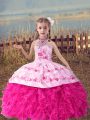 Perfect Hot Pink Lace Up Halter Top Beading and Embroidery and Ruffles Little Girl Pageant Dress Organza Sleeveless