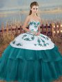 Colorful Sleeveless Floor Length Embroidery and Bowknot Lace Up 15th Birthday Dress with Teal