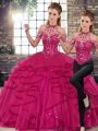 Elegant Fuchsia Two Pieces Tulle Halter Top Sleeveless Beading and Ruffles Floor Length Lace Up Quinceanera Gown