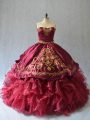 Burgundy Strapless Lace Up Beading and Embroidery Quinceanera Gowns Brush Train Sleeveless