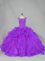 Organza Scoop Sleeveless Brush Train Lace Up Beading and Ruffles Sweet 16 Dresses in Purple
