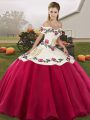 Hot Pink Ball Gowns Embroidery Quinceanera Dresses Lace Up Organza Sleeveless Floor Length