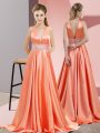 Orange Red Sleeveless Elastic Woven Satin Brush Train Backless Prom Dress for Prom and Party