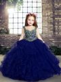 New Arrival Sleeveless Floor Length Beading and Ruffles Lace Up Kids Formal Wear with Blue