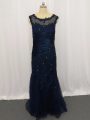 Sleeveless Tulle Floor Length Zipper Mother Of The Bride Dress in Navy Blue with Lace and Appliques