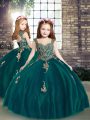 Peacock Green Ball Gowns Straps Sleeveless Tulle Floor Length Lace Up Appliques Little Girl Pageant Gowns
