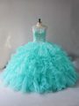 Elegant Aqua Blue Quince Ball Gowns Sweet 16 and Quinceanera with Beading and Ruffles Scoop Sleeveless Lace Up
