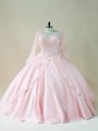 Deluxe Long Sleeves Satin and Tulle Floor Length Lace Up Quinceanera Dress in Baby Pink with Beading and Appliques