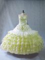 Fine Yellow Green Sleeveless Floor Length Embroidery and Ruffled Layers 15 Quinceanera Dress