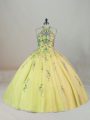 Spectacular Appliques and Embroidery 15th Birthday Dress Yellow Lace Up Sleeveless Brush Train