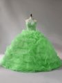 New Style Sleeveless Court Train Beading and Pick Ups Lace Up Quince Ball Gowns