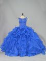 Captivating Royal Blue Ball Gowns Beading and Ruffles 15th Birthday Dress Lace Up Organza Sleeveless