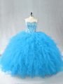 Modest Floor Length Baby Blue 15 Quinceanera Dress Tulle Sleeveless Beading and Ruffles