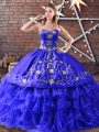 Eye-catching Royal Blue Sweetheart Lace Up Embroidery and Ruffled Layers Sweet 16 Dress Sleeveless