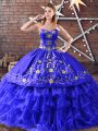 Eye-catching Royal Blue Sweetheart Lace Up Embroidery and Ruffled Layers Sweet 16 Dress Sleeveless