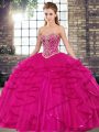 Fuchsia Ball Gowns Sweetheart Sleeveless Tulle Floor Length Lace Up Beading and Ruffles 15th Birthday Dress