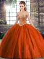 Fantastic Rust Red Sleeveless Tulle Brush Train Lace Up Quinceanera Dresses for Military Ball and Sweet 16 and Quinceanera