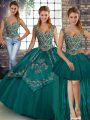 Inexpensive Floor Length Lace Up 15 Quinceanera Dress Teal for Military Ball and Sweet 16 and Quinceanera with Beading and Embroidery