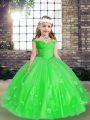 Custom Fit Green Ball Gowns Tulle Straps Sleeveless Beading and Hand Made Flower Floor Length Lace Up Kids Pageant Dress