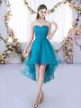 Sumptuous Sleeveless Tulle High Low Lace Up Damas Dress in Teal with Lace