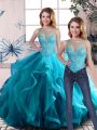 Tulle Scoop Sleeveless Lace Up Beading and Ruffles Quinceanera Gowns in Aqua Blue