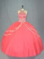 Comfortable Floor Length Lace Up Sweet 16 Dress Watermelon Red for Sweet 16 and Quinceanera with Beading and Ruffles