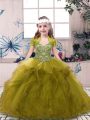 Olive Green Straps Lace Up Beading and Ruffles Little Girl Pageant Gowns Sleeveless
