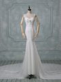 Lace Spaghetti Straps Sleeveless Court Train Backless Beading and Lace Wedding Gown in White