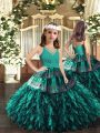 Sleeveless Floor Length Appliques and Ruffles Zipper Custom Made Pageant Dress with Turquoise
