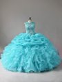 Aqua Blue Scoop Zipper Appliques and Ruffles and Pick Ups Sweet 16 Dress Sleeveless