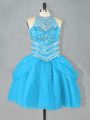 Aqua Blue Dress for Prom Prom and Party with Beading Halter Top Sleeveless Lace Up