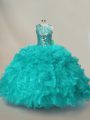 Adorable Floor Length Lace Up Quince Ball Gowns Aqua Blue for Sweet 16 and Quinceanera with Beading and Ruffles