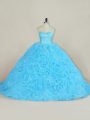 Hot Sale Baby Blue Organza Lace Up Sweetheart Sleeveless Floor Length 15 Quinceanera Dress Court Train Beading and Ruffles