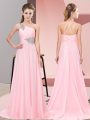 Side Zipper Prom Party Dress Baby Pink for Prom and Party and Military Ball with Beading Brush Train