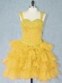 Stunning Gold Prom Dresses Prom and Party with Beading and Ruffled Layers Straps Sleeveless Lace Up