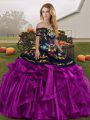 Great Off The Shoulder Sleeveless Lace Up Quinceanera Dress Black And Purple Organza