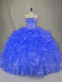 Eye-catching Blue Quince Ball Gowns Sweet 16 and Quinceanera with Beading and Ruffles Strapless Sleeveless Lace Up