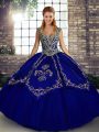 Customized Sleeveless Tulle Floor Length Lace Up Quinceanera Gowns in Blue with Beading and Embroidery