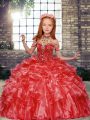 Top Selling Red Girls Pageant Dresses Party and Wedding Party with Beading and Ruffles High-neck Sleeveless Lace Up