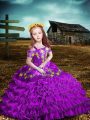 Top Selling Purple Lace Up Child Pageant Dress Embroidery and Ruffled Layers Short Sleeves Floor Length